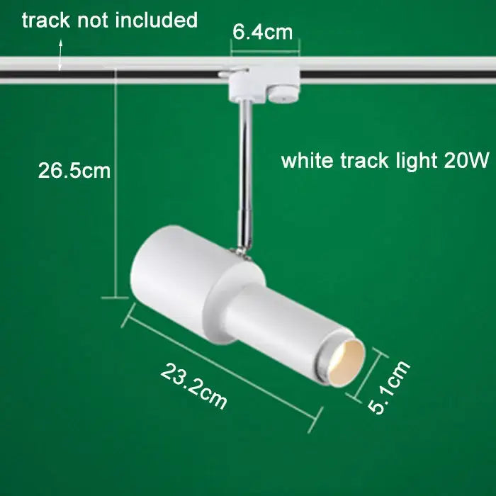 Modern black adjustable focus track lights featuring white cylindrical 20w design with metallic mounting arm for decorbites adjustable focus