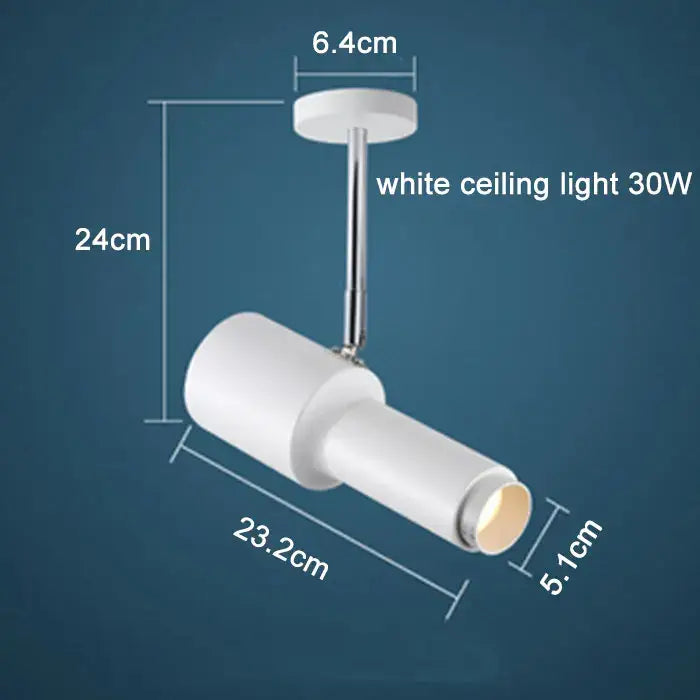Modern black adjustable focus track lights featuring white cylindrical ceiling light with chrome-finished mounting stem for commercial use decorbites adjustable focus