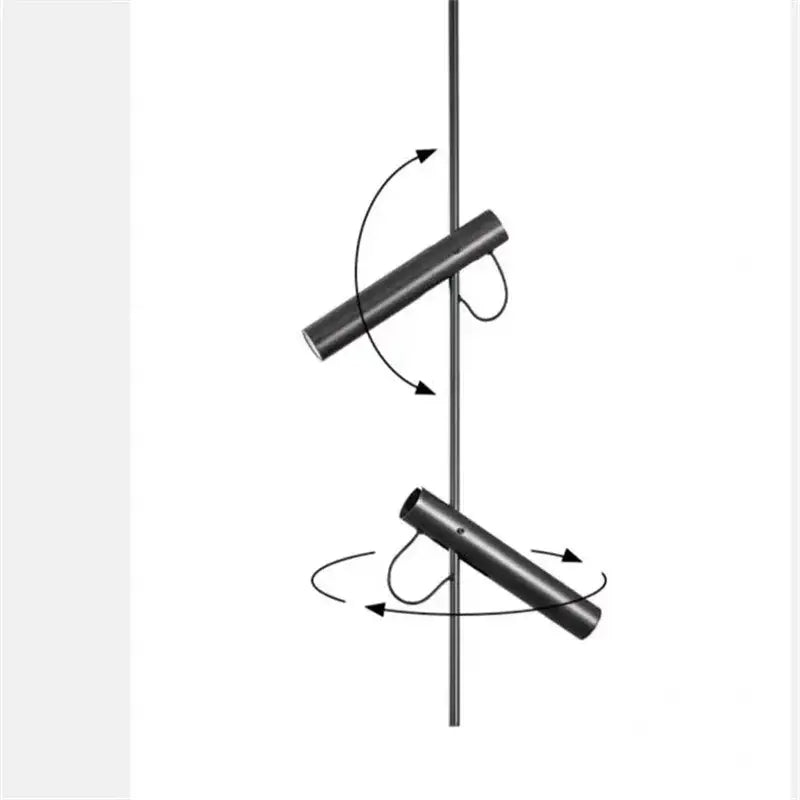 Modern black adjustable led spot light showing black cylindrical pole with circular rings and rotation arrows for decorbites black adjustable