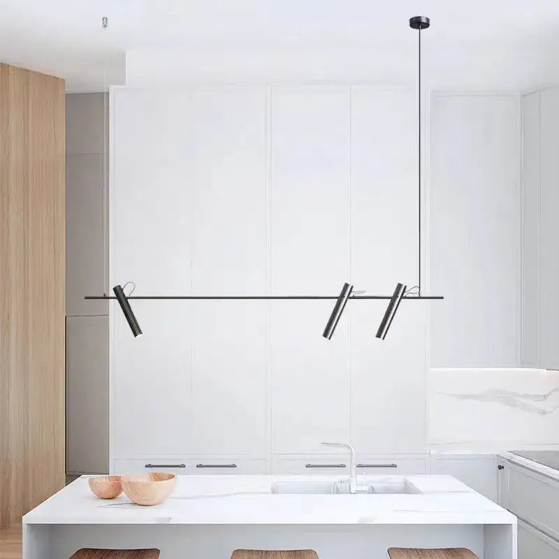 Black minimalist pendant light with three angled cylindrical fixtures featuring decorbites black adjustable led spot design