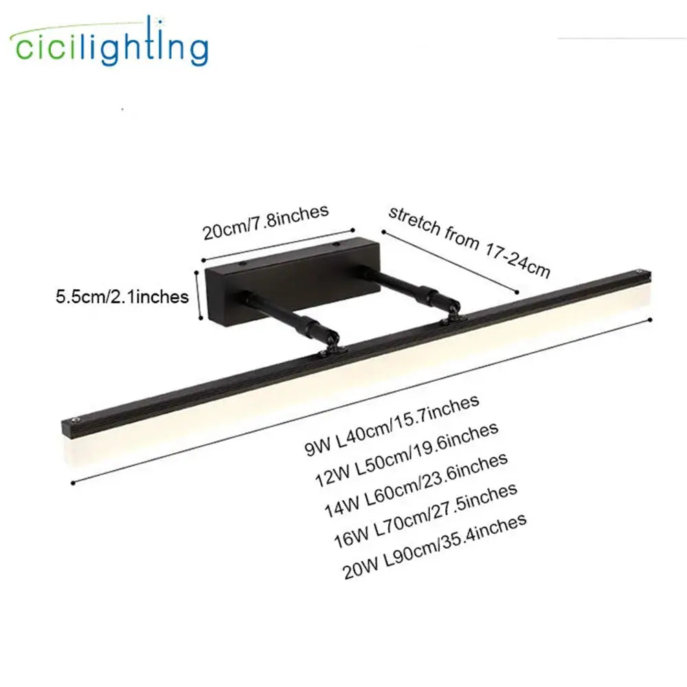 Modern black matte-finished adjustable led vanity lights with sleek design and multiple length options for bathroom walls