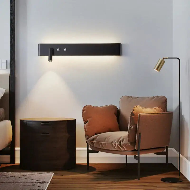 Modern black adjustable led wall lamp with spotlight and silver accent buttons for bedroom reading decorbites wall lamp