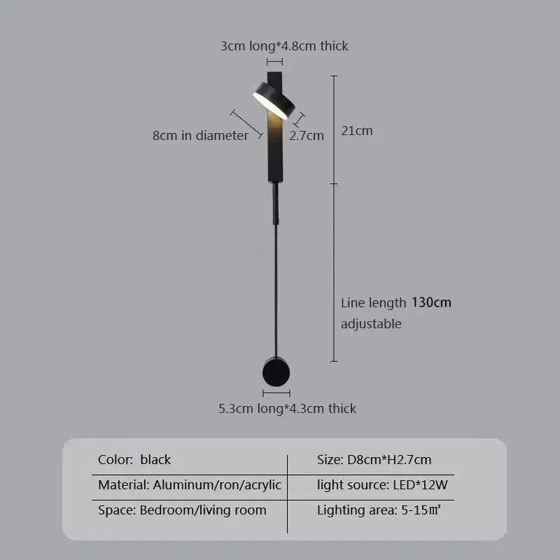 Modern black adjustable led wall lamp with sleek aluminum iron acrylic design and 130cm line length by decorbites