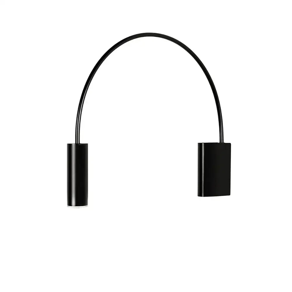 Black arched wall lamp with two cylindrical light fixtures, modern adjustable rocker bedroom sconce by decorbites