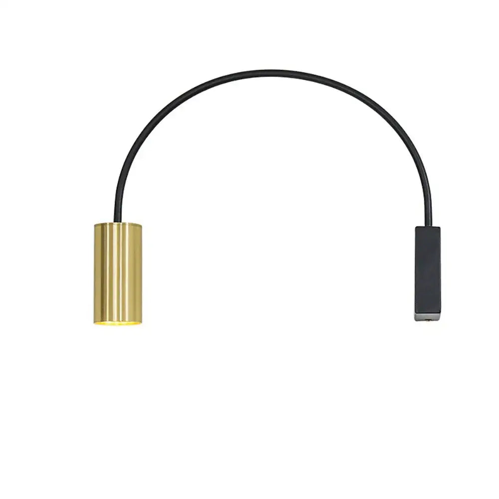 Modern black adjustable rocker wall lamp with gold cylindrical reading lamp, black curved arm, and rectangular adapter