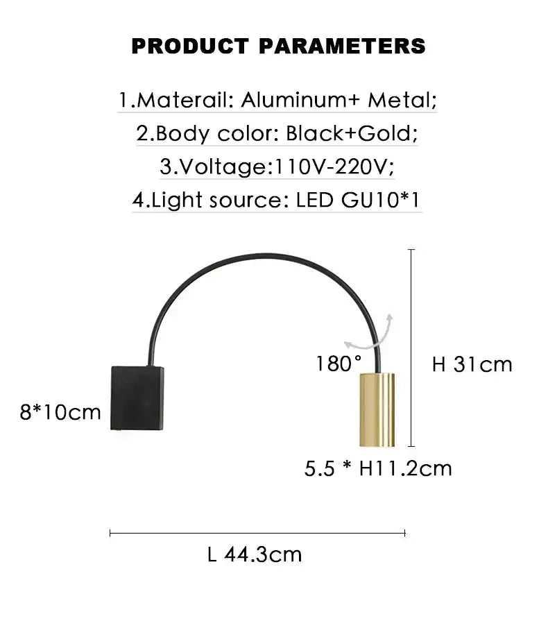 Modern black and gold aluminum wall lamp with curved arm adjustable rocker for stylish bedroom sconce decorbites adjustable rocker