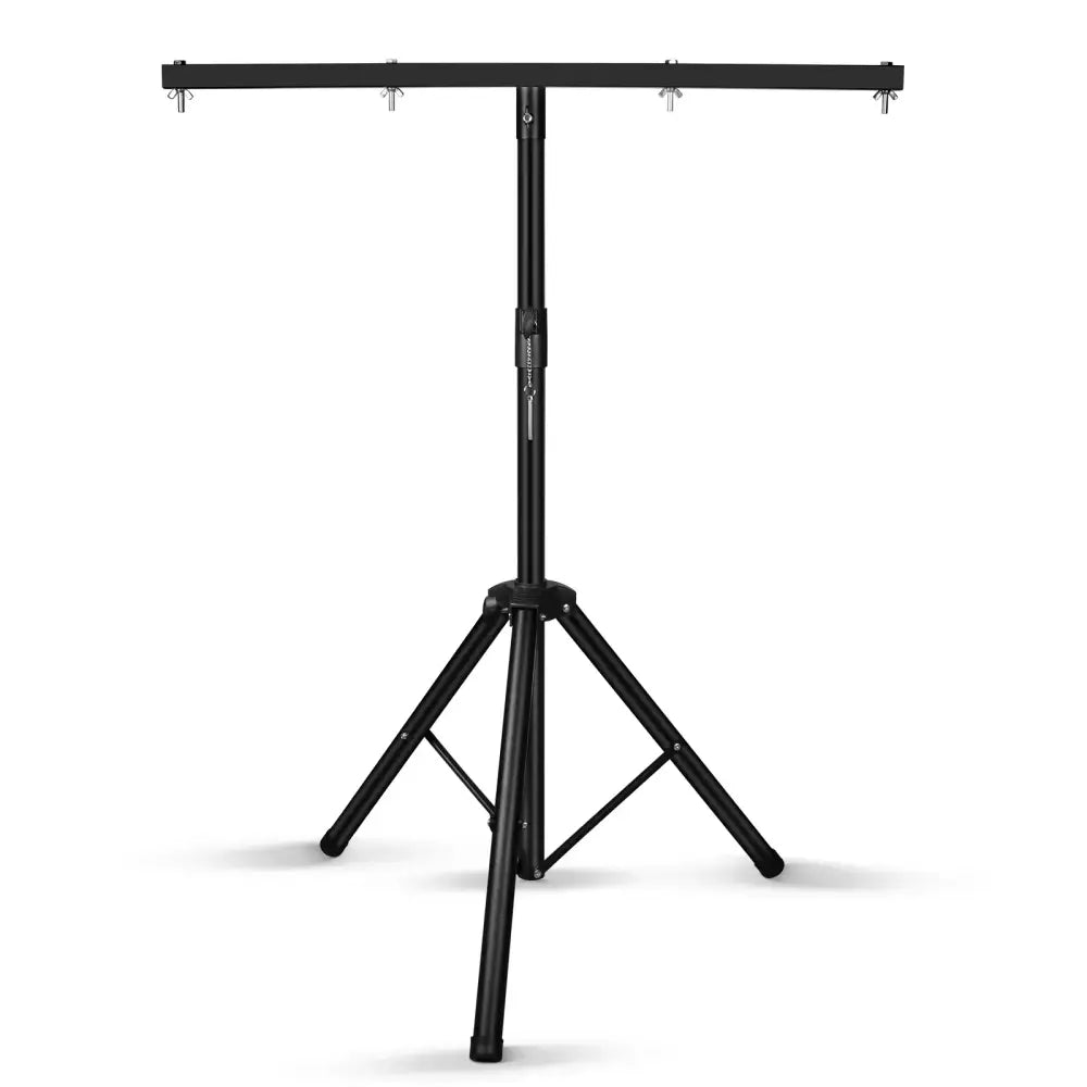 Modern black adjustable tripod stand with horizontal bar for stage lights in living room use