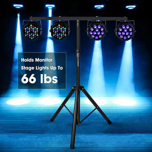Modern black adjustable tripod stand with four colorful led stage lights for versatile living room lighting