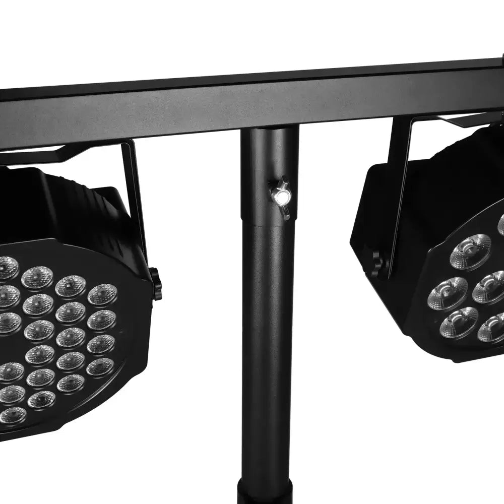 Modern black adjustable tripod stand with stage lights featuring multiple circular bulbs arranged in a grid pattern