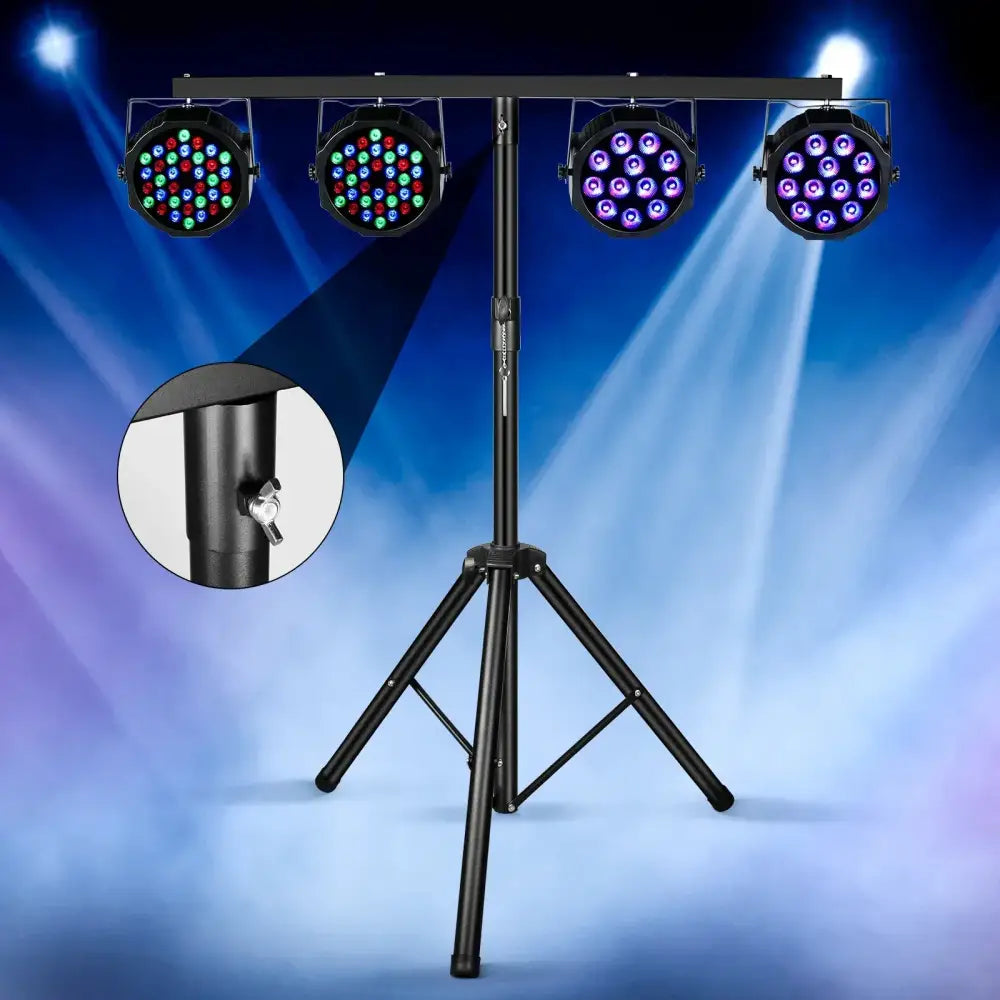 Modern black adjustable tripod stand with four led spotlights on horizontal bar featuring colorful light patterns