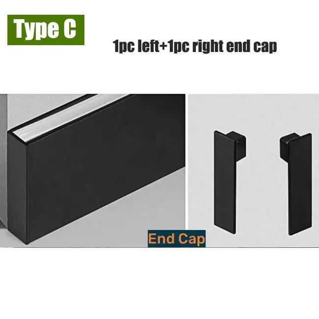 Black aluminium end caps with matte finish and precise cutouts for type c port in modern led profile recessed skirting