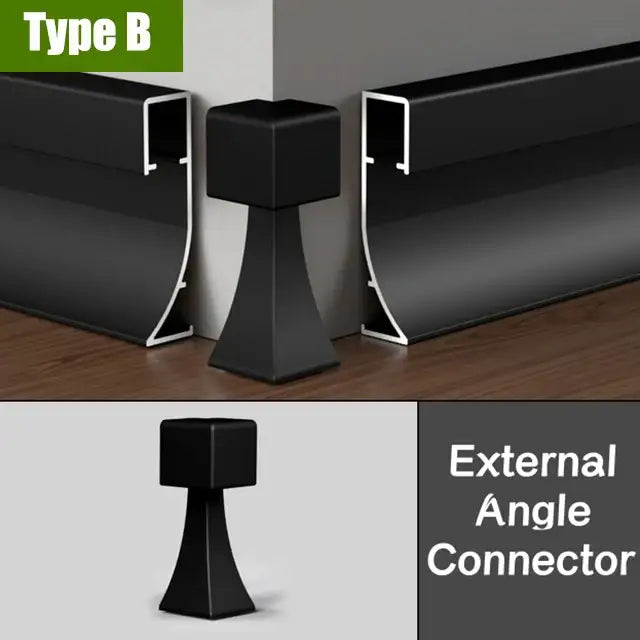 Modern black aluminium led profile recessed skirting external angle connector with matte finish and tapered base by decorbites