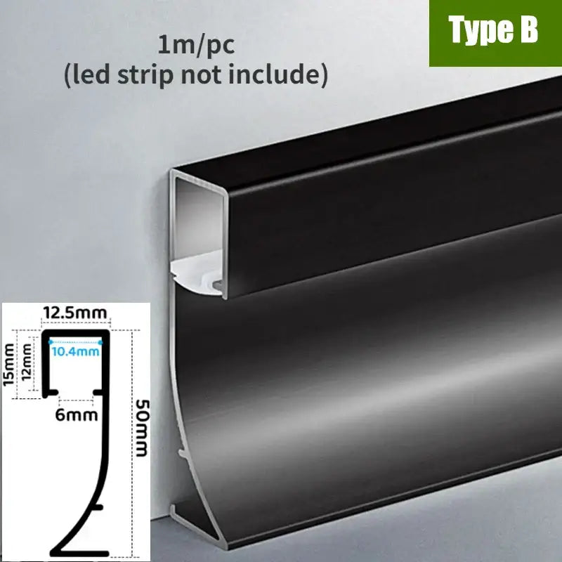 Black aluminium led profile recessed skirting with sleek curved design and precise dimensions for secure living room installation