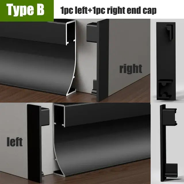 Black plastic end caps for modern black aluminium led profile recessed skirting type b baseboard by decorbites