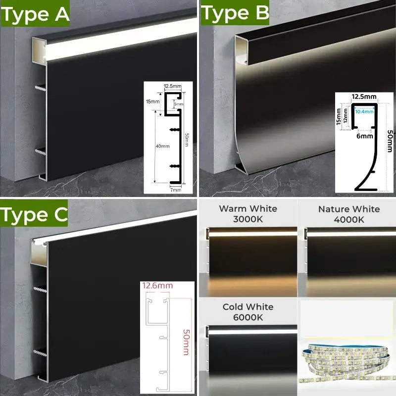 Modern black aluminium led profile recessed skirting featuring warm white 3000k nature white 4000k and cold white 6000k by decorbites