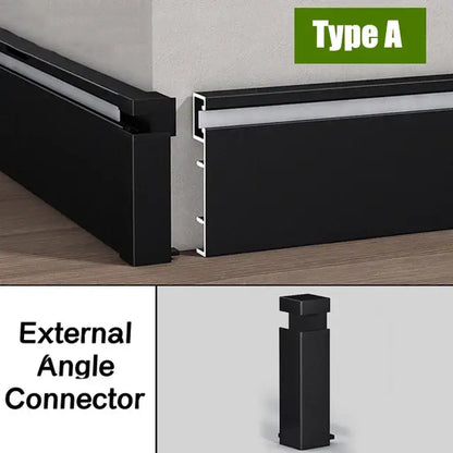 Black aluminium led profile recessed skirting with sleek design and external angle connector for seamless corner installation