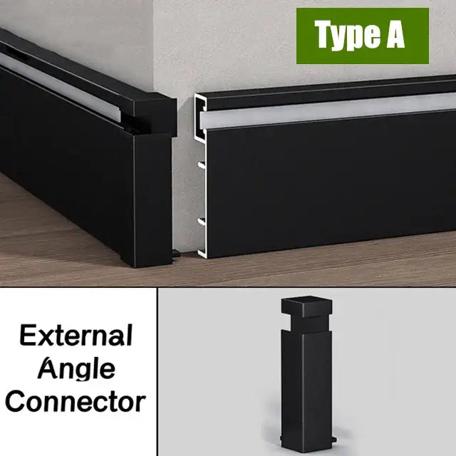 Black aluminium led profile recessed skirting with sleek design and external angle connector for seamless corner installation