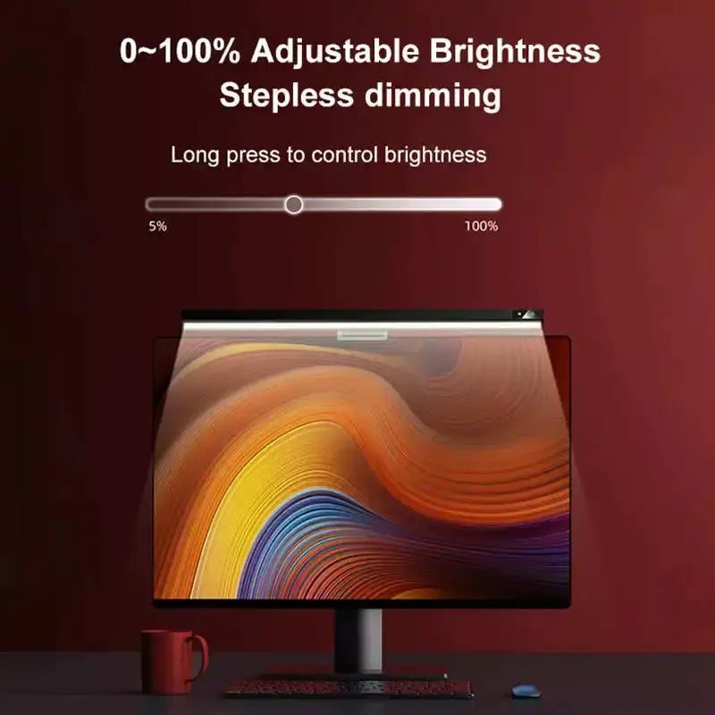 A sleek black aluminium monitor with a vibrant display and adjustable brightness monitor light bar for eye care