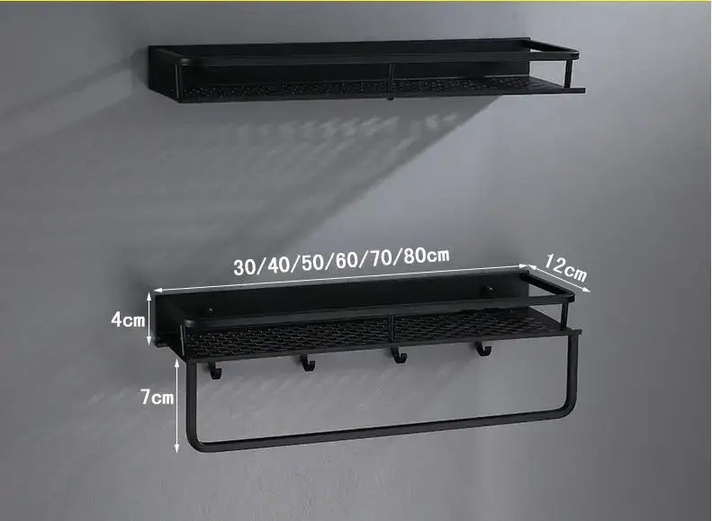 Modern black aluminum bathroom shelf with mesh surface and towel bar by decorbites for shower storage and organization