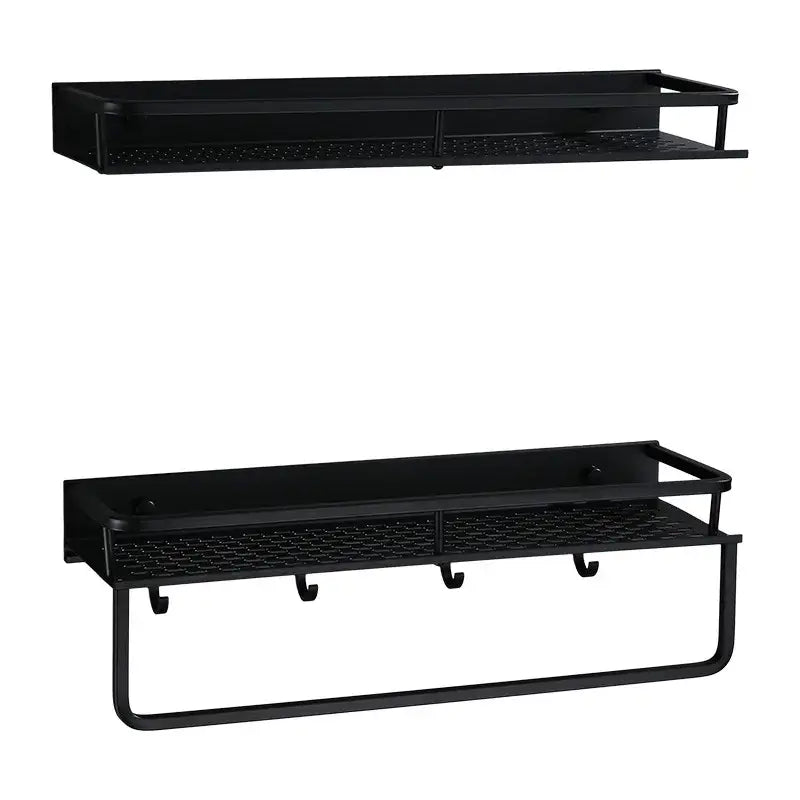 Modern black aluminum bathroom shelf with mesh lower section and towel bar featuring integrated hooks by decorbites black aluminum