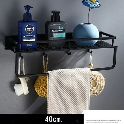 Modern black aluminum bathroom shelf with mesh surface towel bar and hooks by decorbites for shower storage