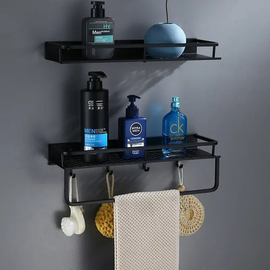 Modern black aluminum bathroom shelf with mesh surface and towel bar by decorbites for shower storage organization