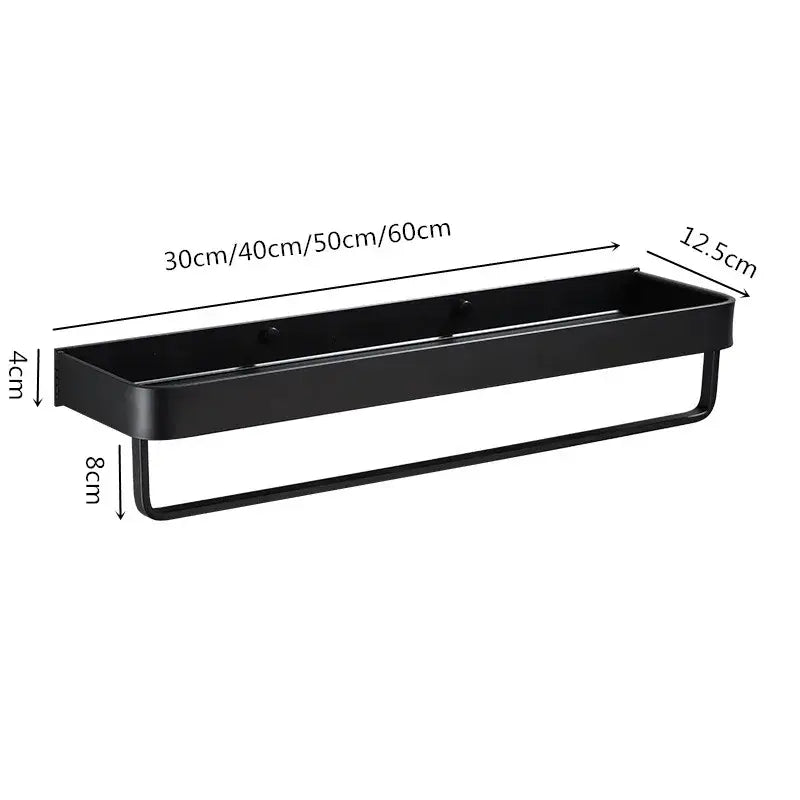 Modern black aluminum bathroom shower shelf with hooks and towel bar by decorbites in multiple lengths for black aluminum bathroom decor