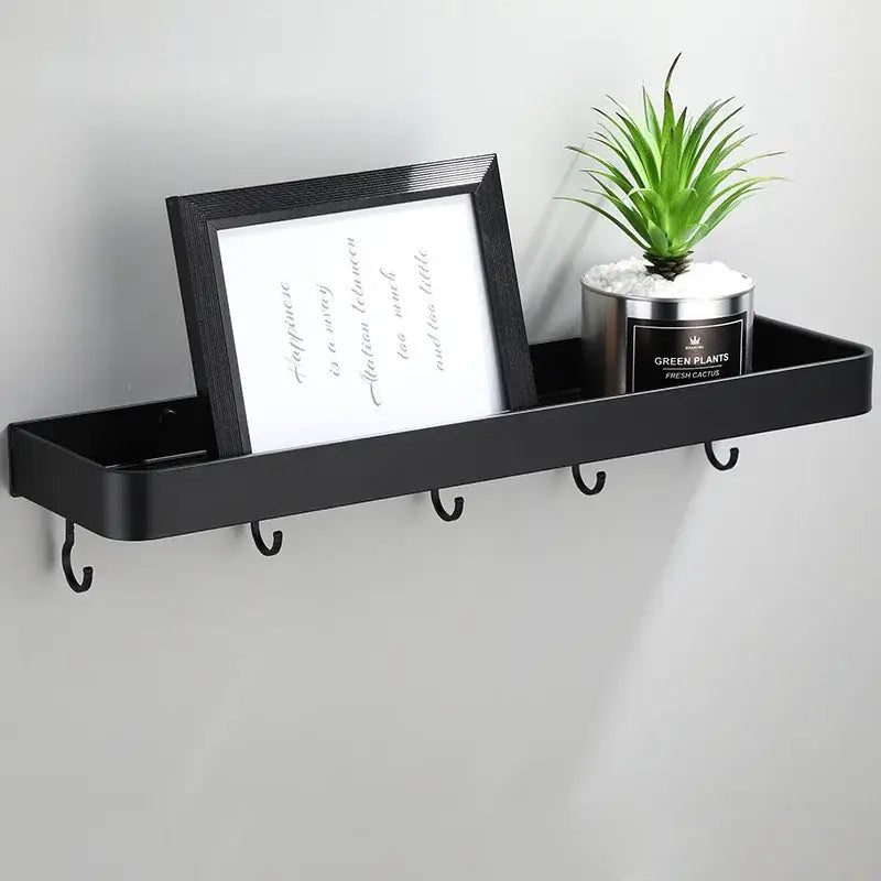 Modern black aluminum bathroom shower shelf with integrated hooks and tray for organized aluminum bathroom shower decorbites black aluminum
