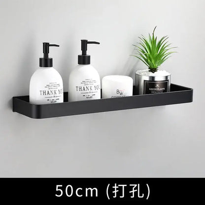 Modern black aluminum bathroom shower shelf with hooks and towel bar 50cm wide black matte finish decorbites black aluminum