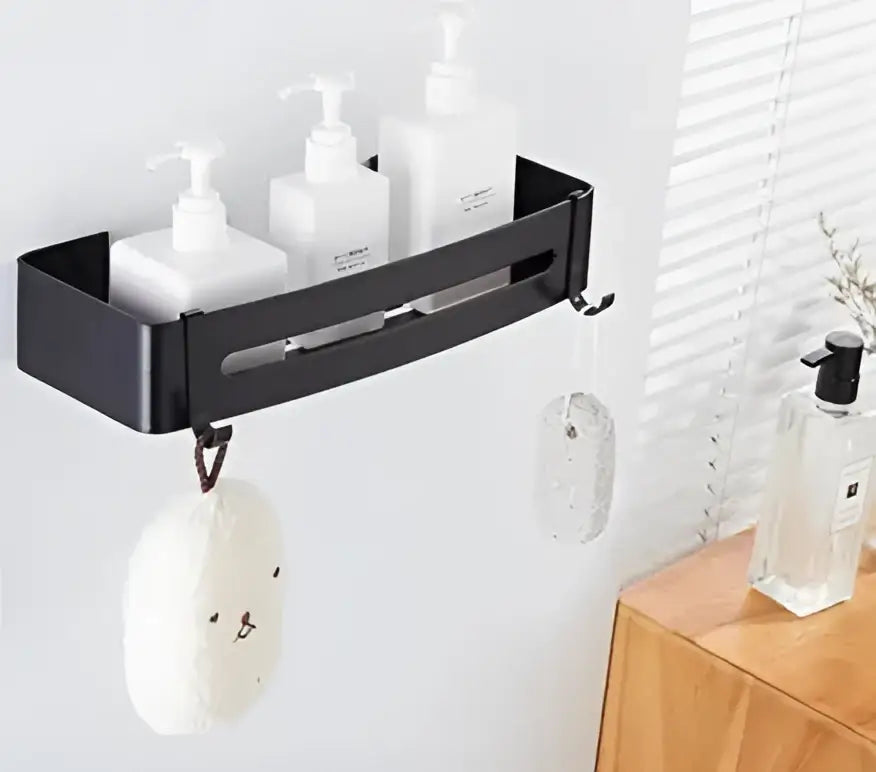 Modern black aluminum corner shelf wall mounted with three white pump bottles for bathroom storage decorbites black aluminum
