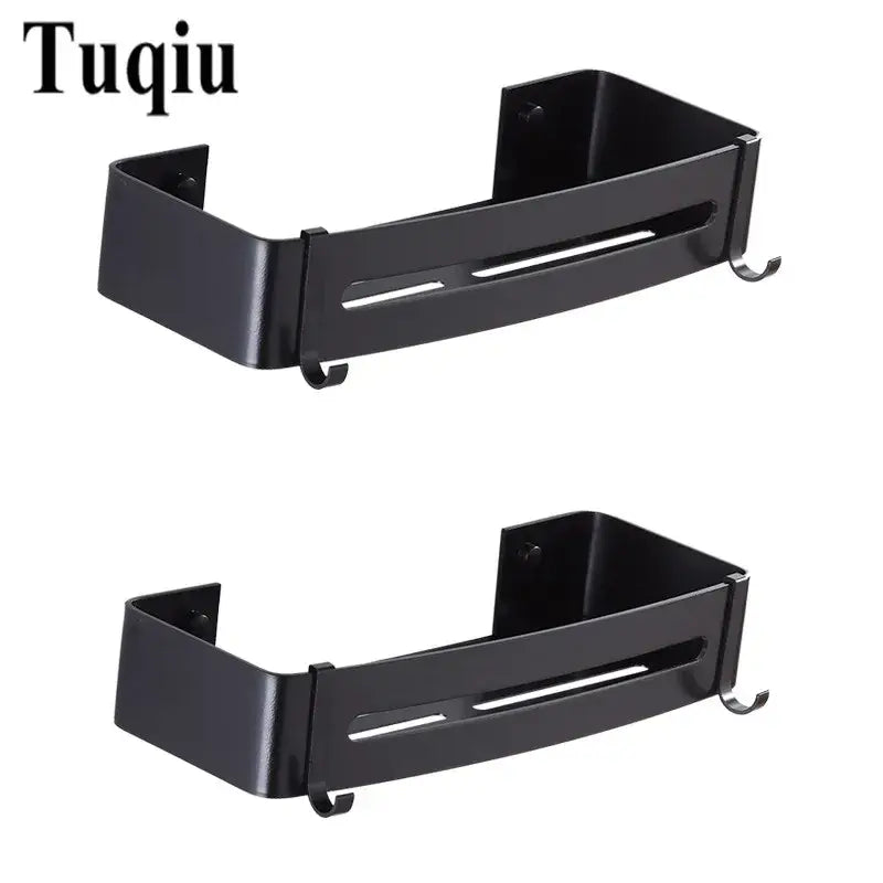Black aluminum wall mounted corner shelf with three tiers hooks and central slot for bathroom storage decorbites black aluminum