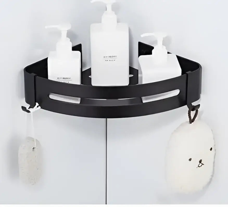 Modern black aluminum corner shelf decorbites black aluminum wall unit with three pump bottles and hanging plush soap dish