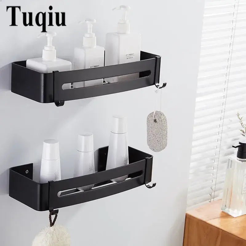 Modern black aluminum corner shelf with two tiers and hooks for bathroom storage by decorbites black aluminum wall