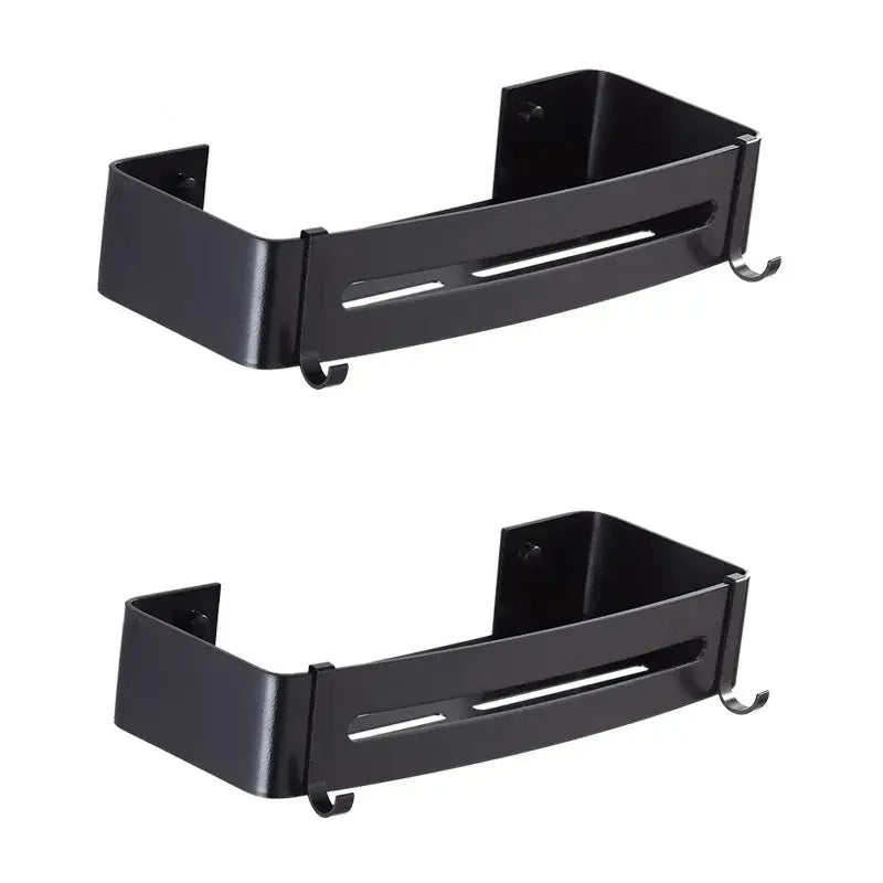 Black metal wall-mounted spice rack corner shelf with hooks and central slot by decorbites black aluminum bathroom storage