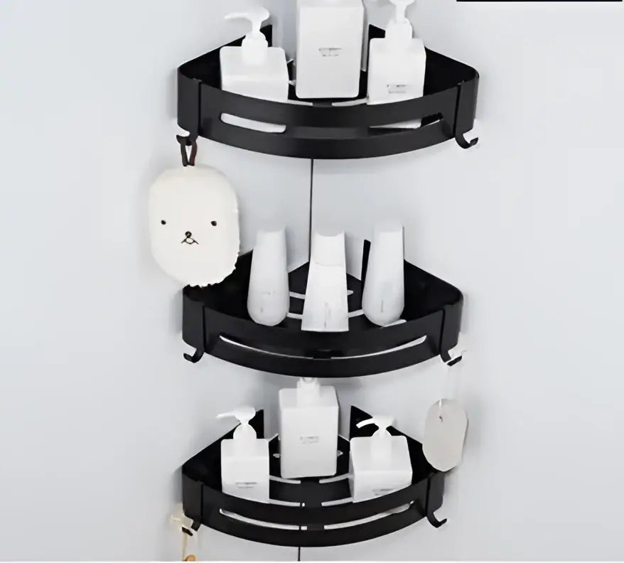 Modern black aluminum corner shelf bathroom storage caddy with sleek black aluminum bathroom three-tiered design and hooks
