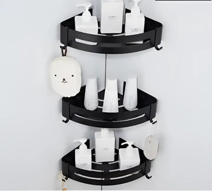 Modern black aluminum corner shelf bathroom storage caddy with sleek black aluminum bathroom three-tiered design and hooks