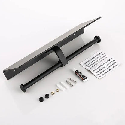 Modern black aluminum toilet paper holder with double paper holder and shelf in matte finish with mounting hardware