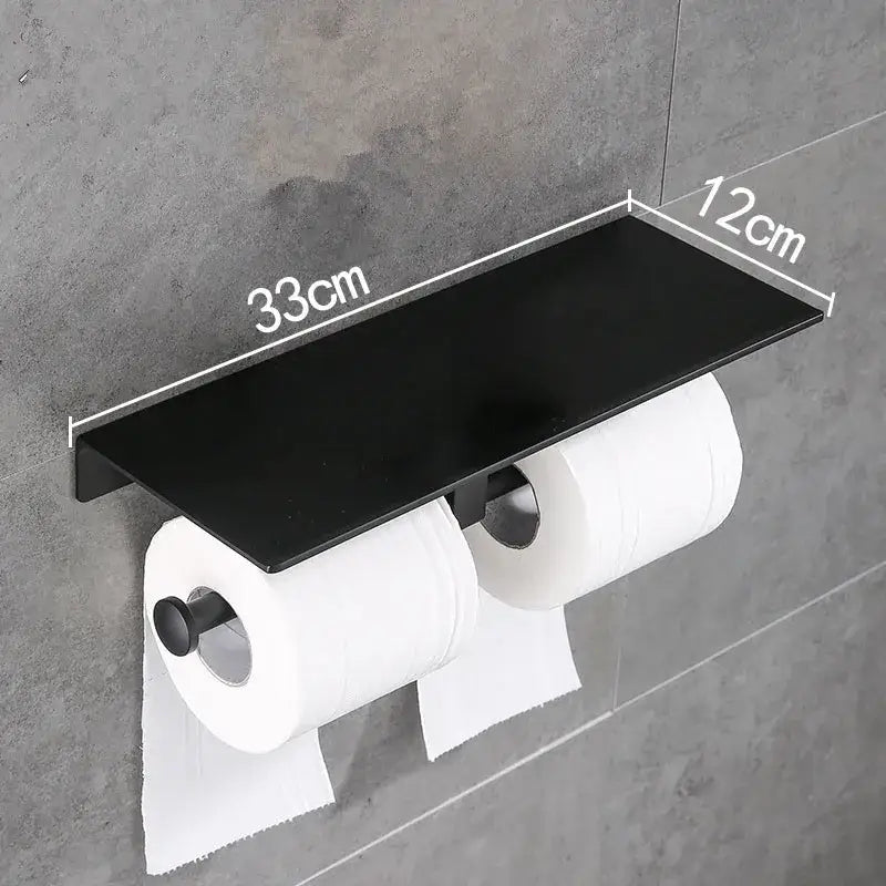 Modern black aluminum double toilet paper holder with sleek rectangular shelf and matte finish for bathroom use
