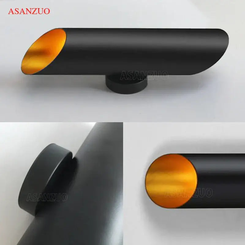 Modern black aluminum tube wall lamp with matt black finish and golden interior for bedroom decorbites black aluminum design