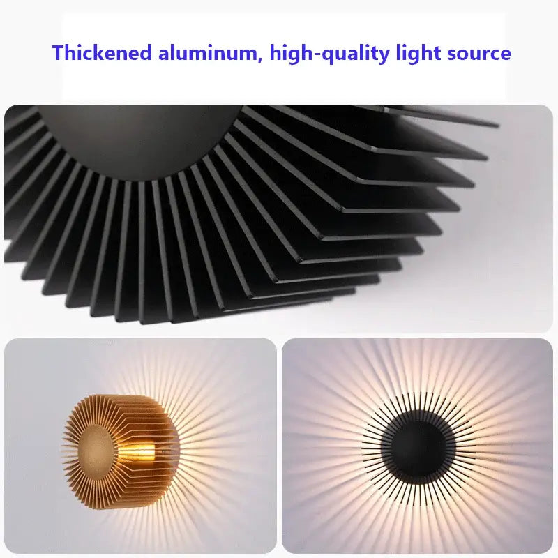 Modern black aluminum wall sconce with thickened gold radial fan design emitting warm radiant light for living room
