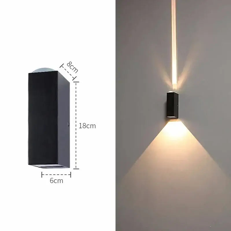 Modern black aluminum waterproof porch wall lamp with sleek design emitting warm light for living room use