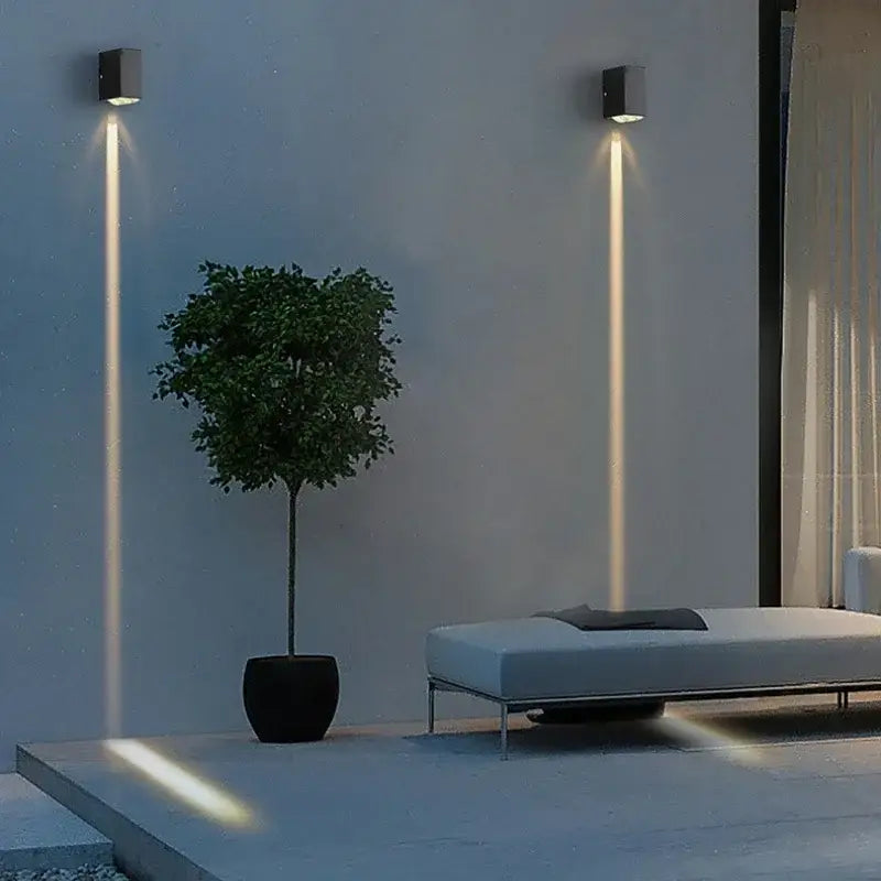 Modern black aluminum waterproof porch wall lamp with vertical warm light beams for living room and outdoor use