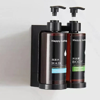 Modern black amber soap dispenser set wall-mounted with two happy bathing bottles for hair and body use decorbites amber soap