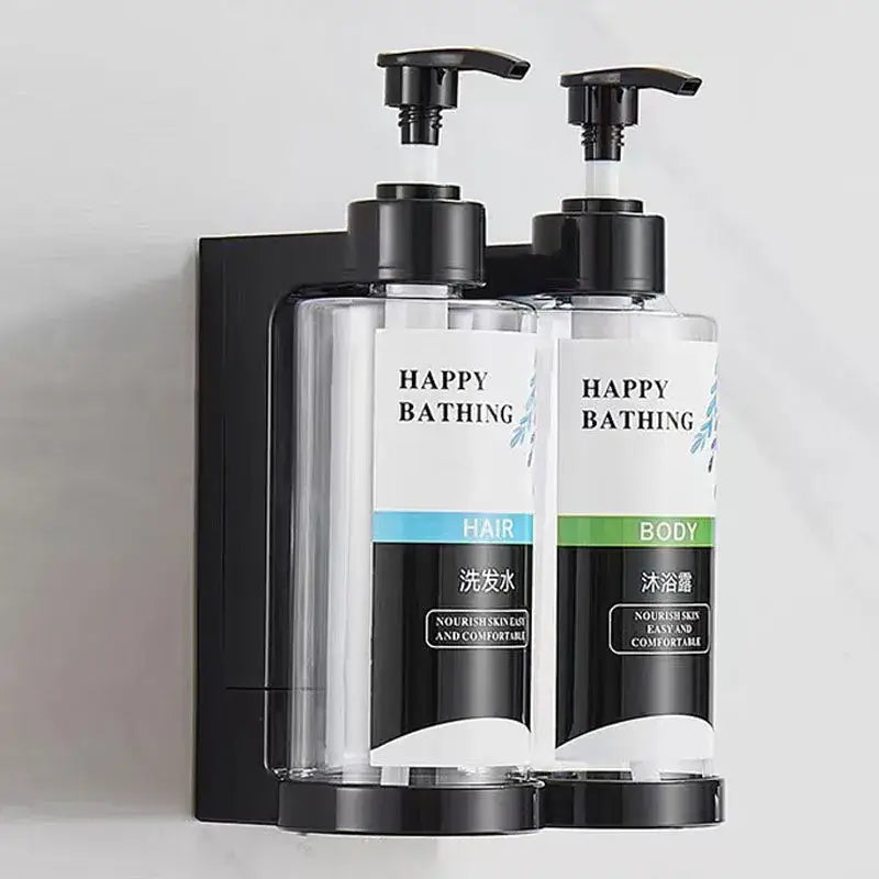Modern black amber soap dispenser set with dual wall-mounted dispenser holding clear happy bathing bottles for hair and body products