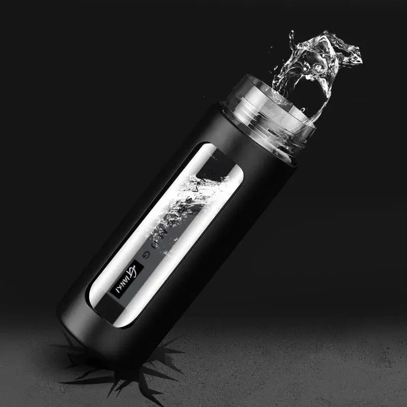 Modern black and amber insulated glass water bottle with transparent lid and clear window revealing glass water inside