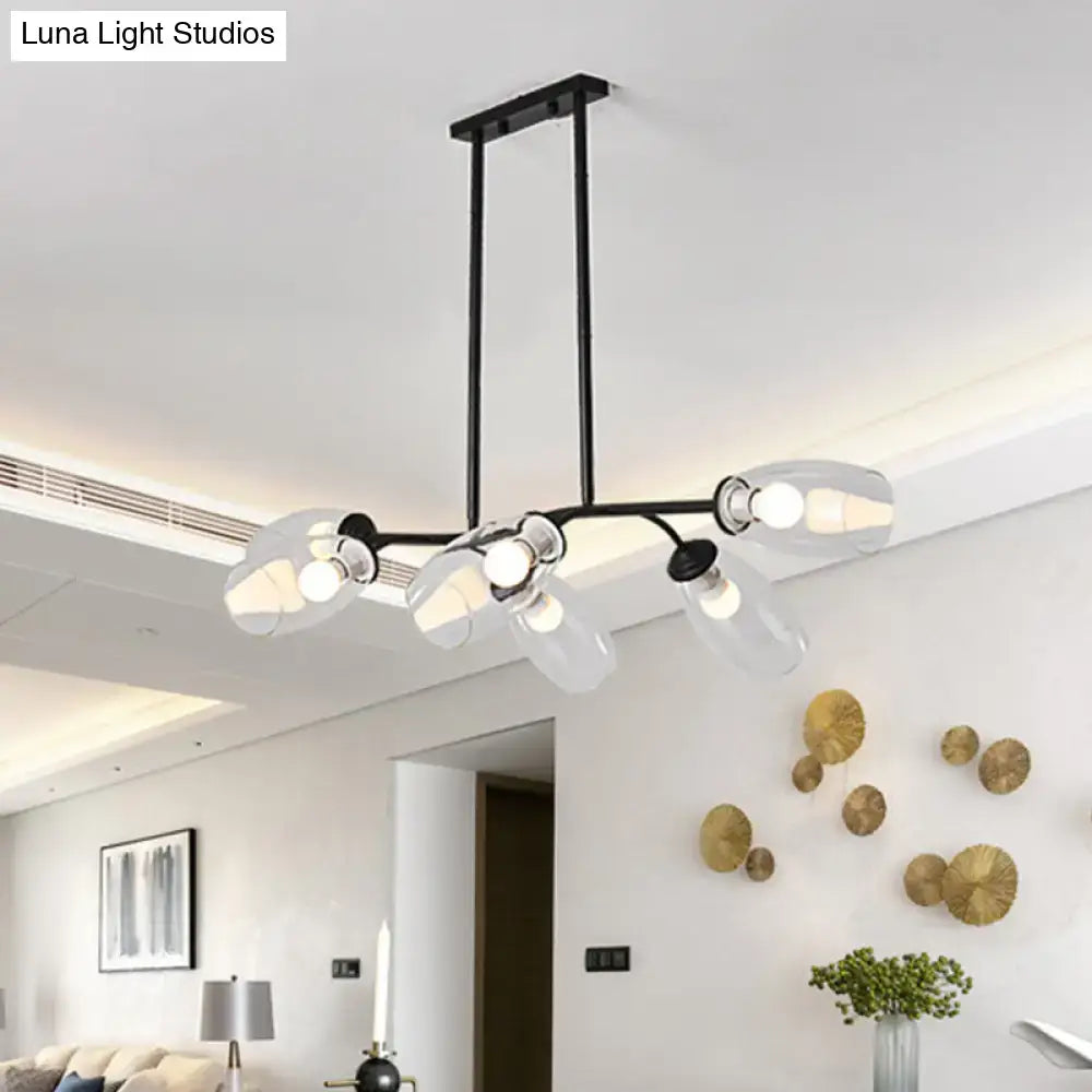 Decorbites™ modern black metal island pendant light with clear glass shades and exposed bulbs six bulb fixture