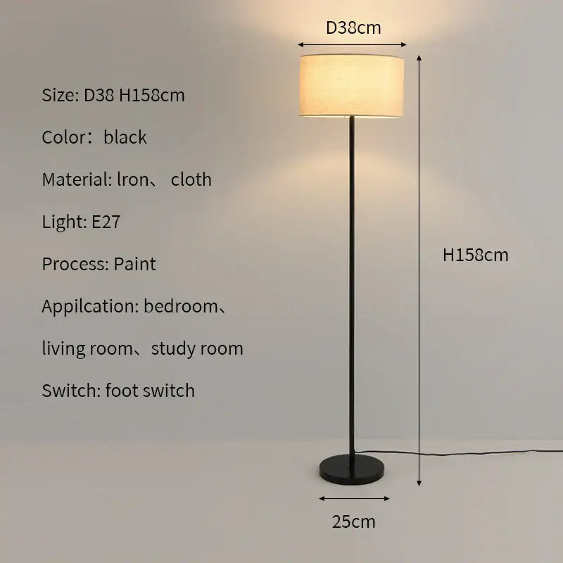 Modern black iron floor lamp with cream cloth shade and e27 socket designed as an led vertical floor lamp for living room