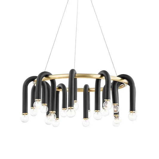 Modern black and brass aluminum tube dimmable chandelier with curved arms and clear bulbs for dining room decorbites black aluminum