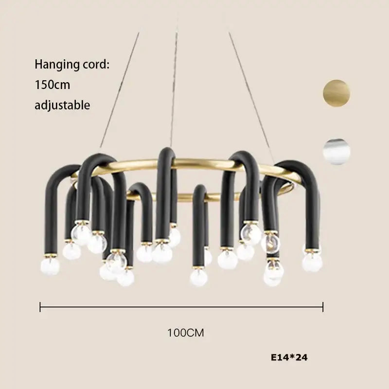 Modern black aluminum tube dimmable chandelier with 24 exposed e14 bulbs in black and brass for dining room decorbites