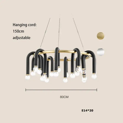Modern black and brass aluminum tube dimmable chandelier with 20 exposed e14 bulbs for dining room decorbites black aluminum tube